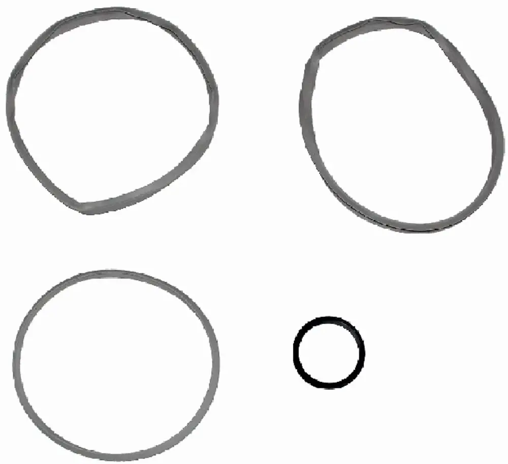 Vier elastische Dichtungsringe in grauer und schwarzer Farbe, platziert auf einem weißen Hintergrund. Geeignet für Produkte der Marke Wolf.